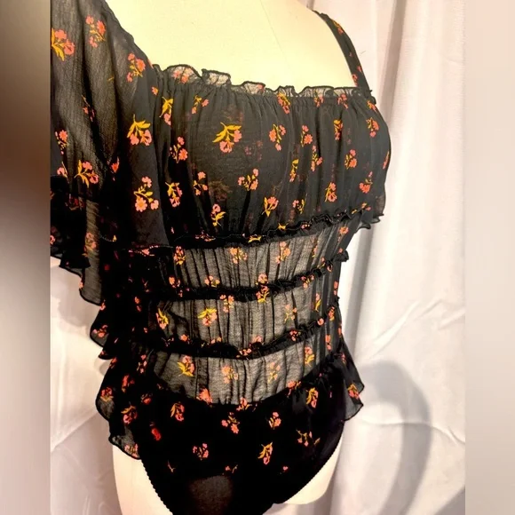 (NWT) Intimately Free People - Black Sheer Floral Ruffle Bodysuit - Picture 4 of 9